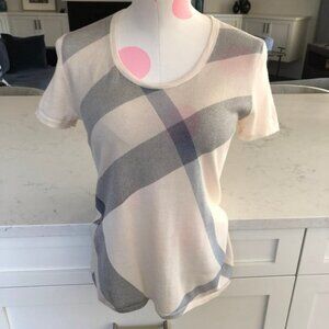 Burberry Brit Nova Check Sht Slv Scoop Neck Wool TShirt Top Cream   Blue Size S